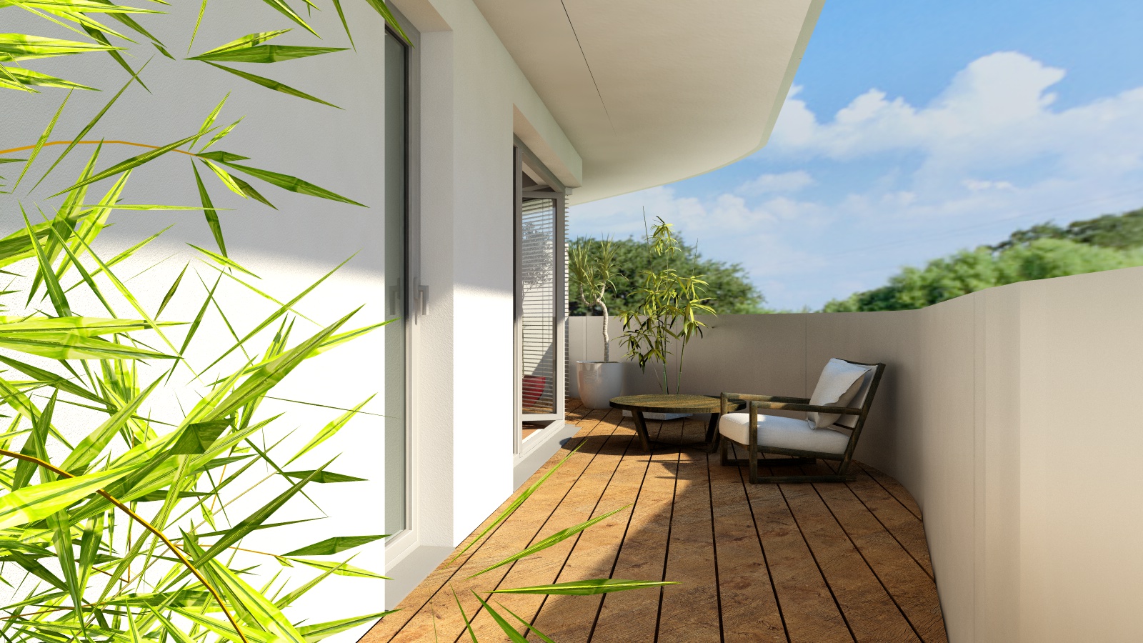 moderner Balkon eines Wohnhauses mit Bambuspflanzen und bequemen Sitzmöbeln
